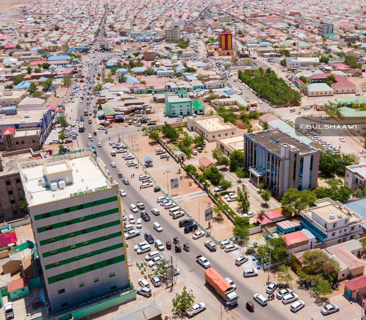 Areal view Garowe showing The Central Bank of Puntland and the Dahabshiil Tower | Photo: Abdirahman Bulshaawi for Gorfayn